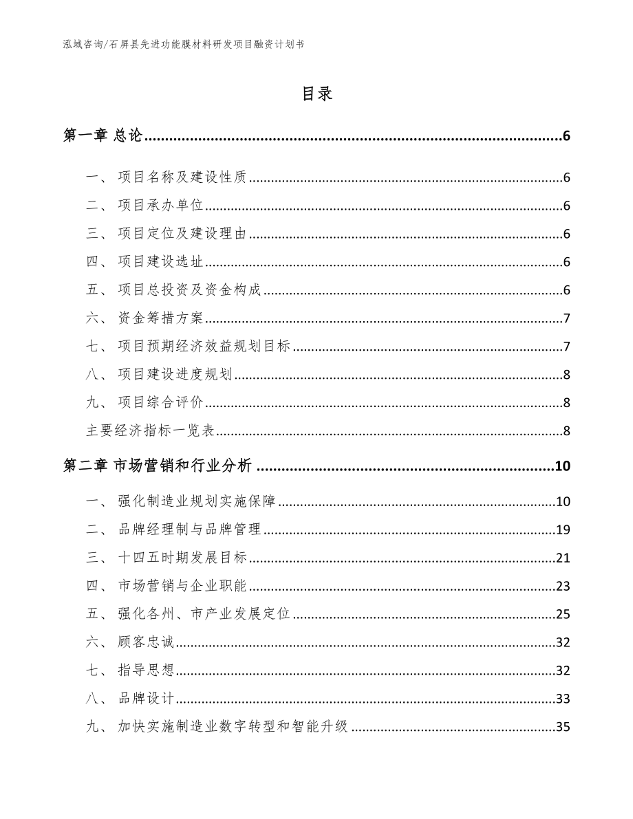 石屏县先进功能膜材料研发项目融资计划书【模板参考】_第1页