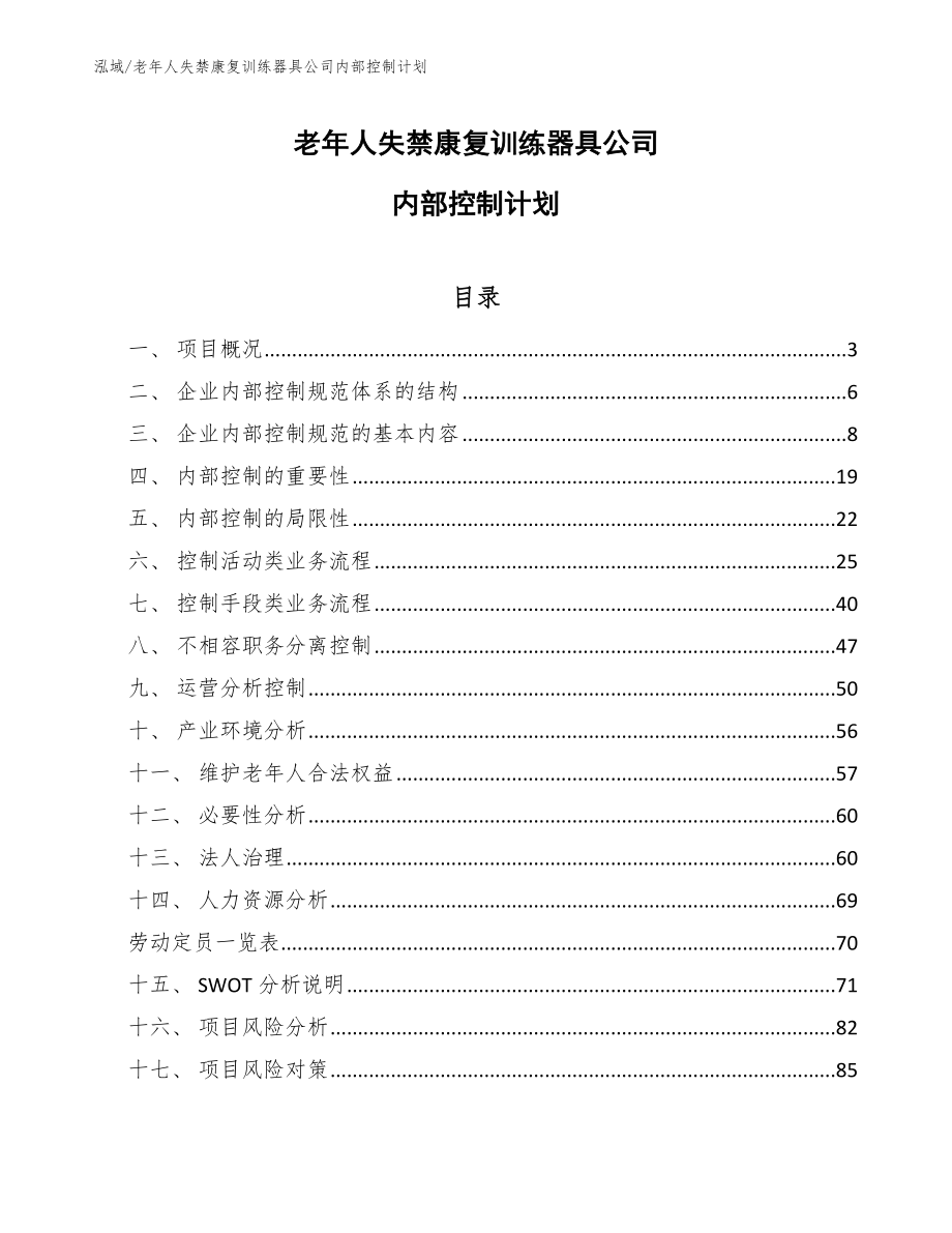 老年人失禁康复训练器具公司内部控制计划（范文）_第1页
