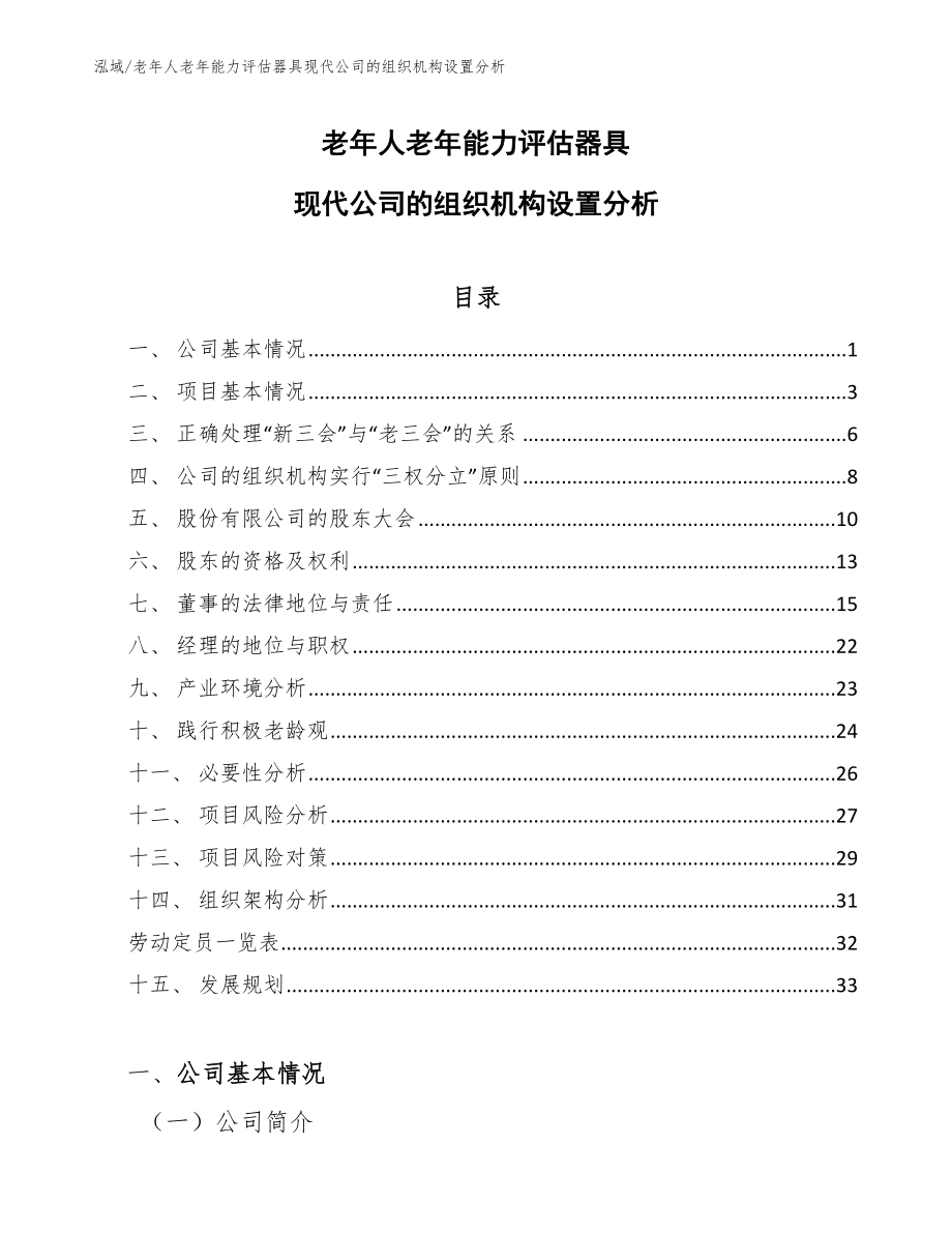 老年人老年能力评估器具现代公司的组织机构设置分析（参考）_第1页