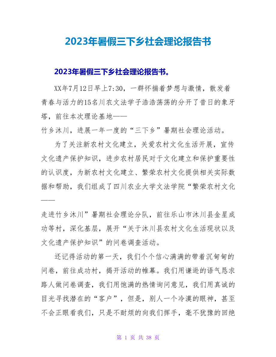 2023年暑假三下乡社会实践报告书_第1页