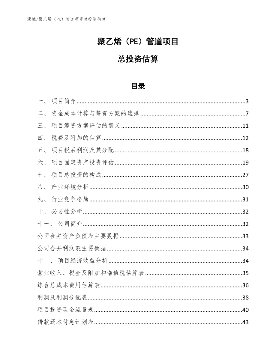 聚乙烯（PE）管道项目总投资估算（参考）_第1页