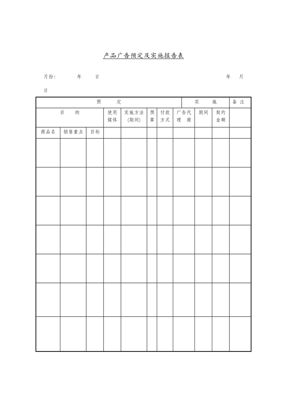 产品广告预定及实施分析报告表(doc 1页)_第1页