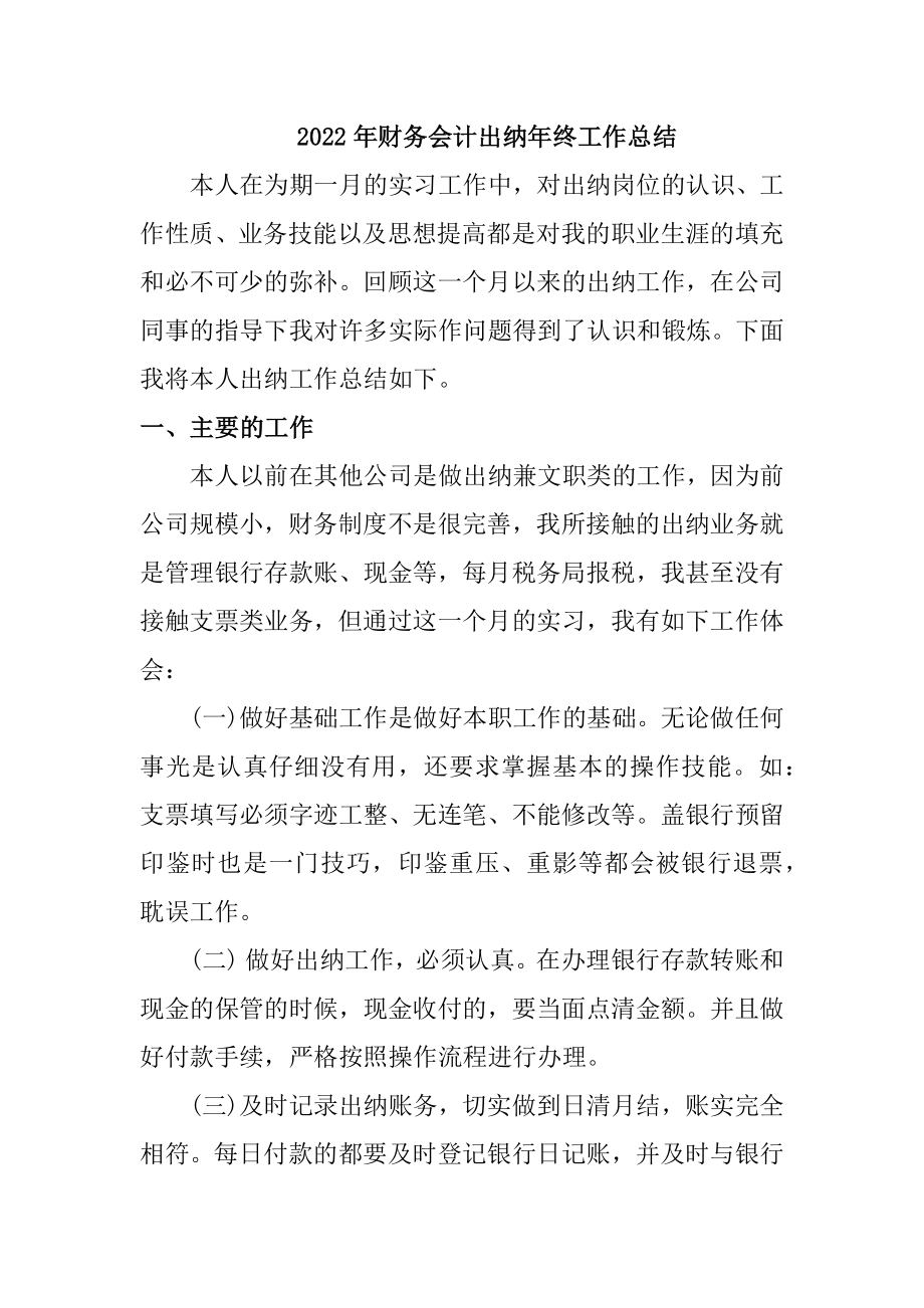 2022年民营企业财务会计出纳年终工作总结_第1页