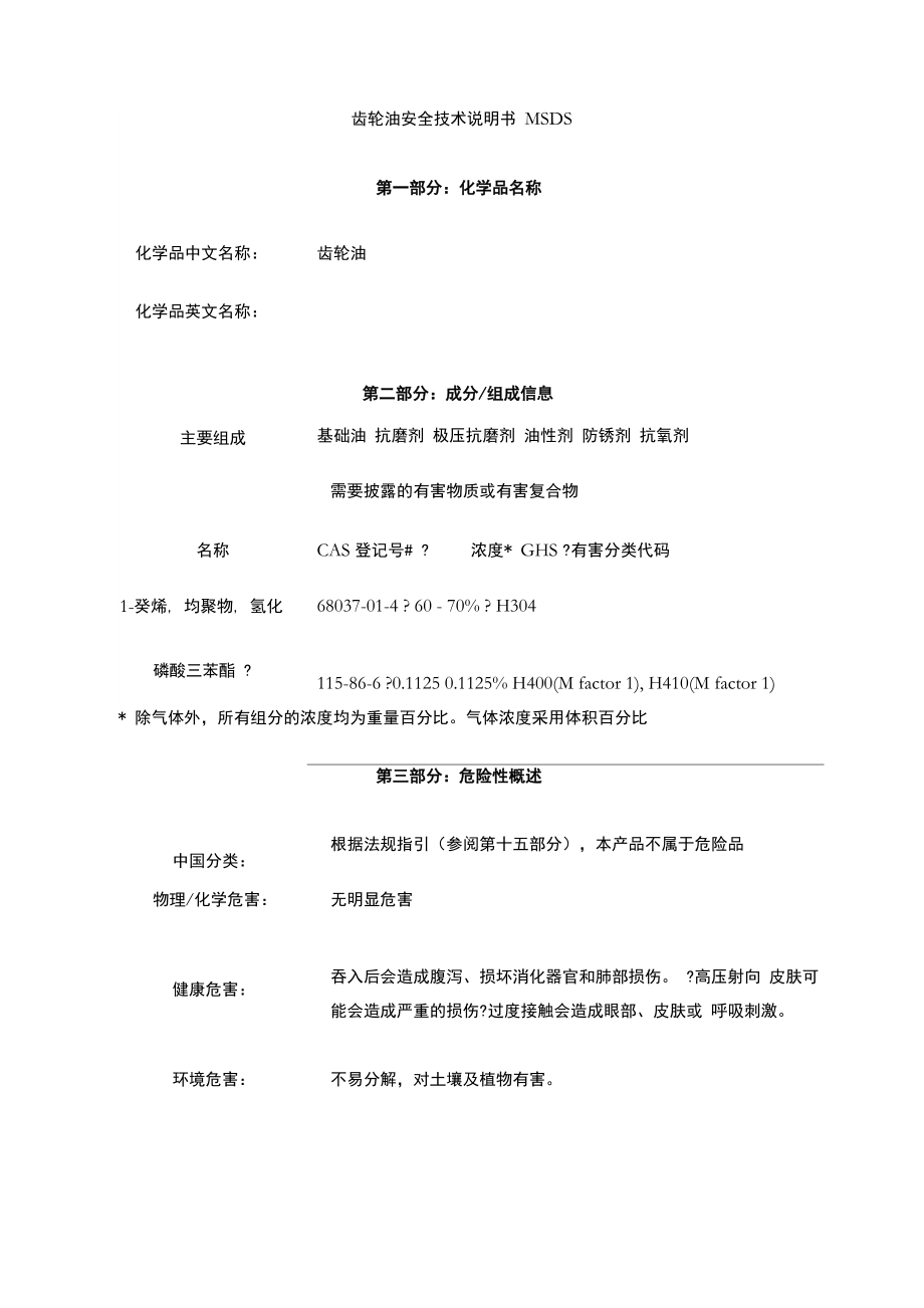 齿轮油安全技术说明书MSDS_第1页