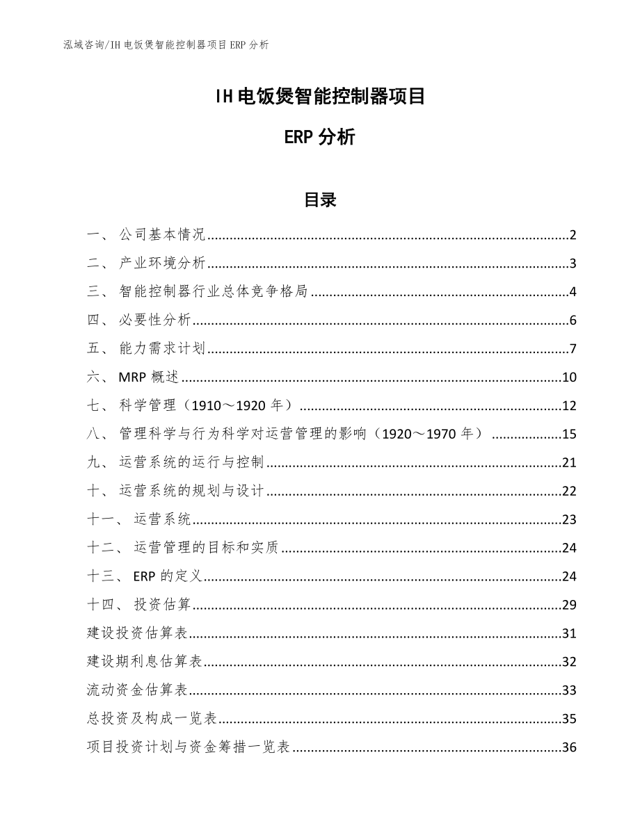 IH电饭煲智能控制器项目ERP分析（范文）_第1页
