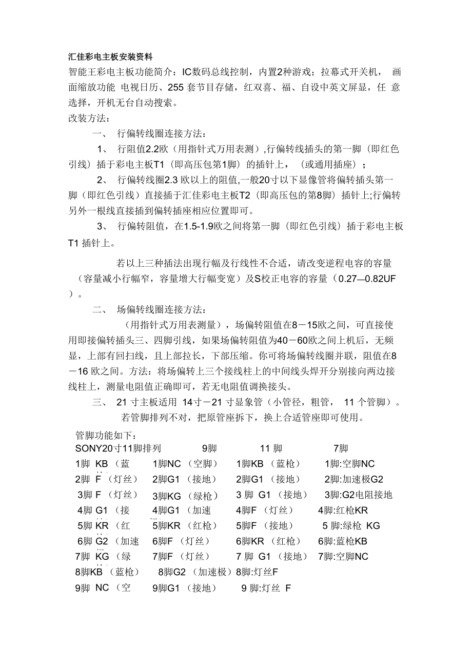 汇佳彩电主板安装资料_第1页