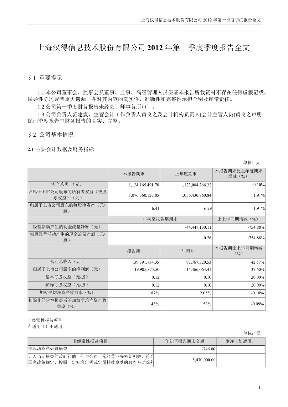 汉得信息第一季度报告全文_第1页