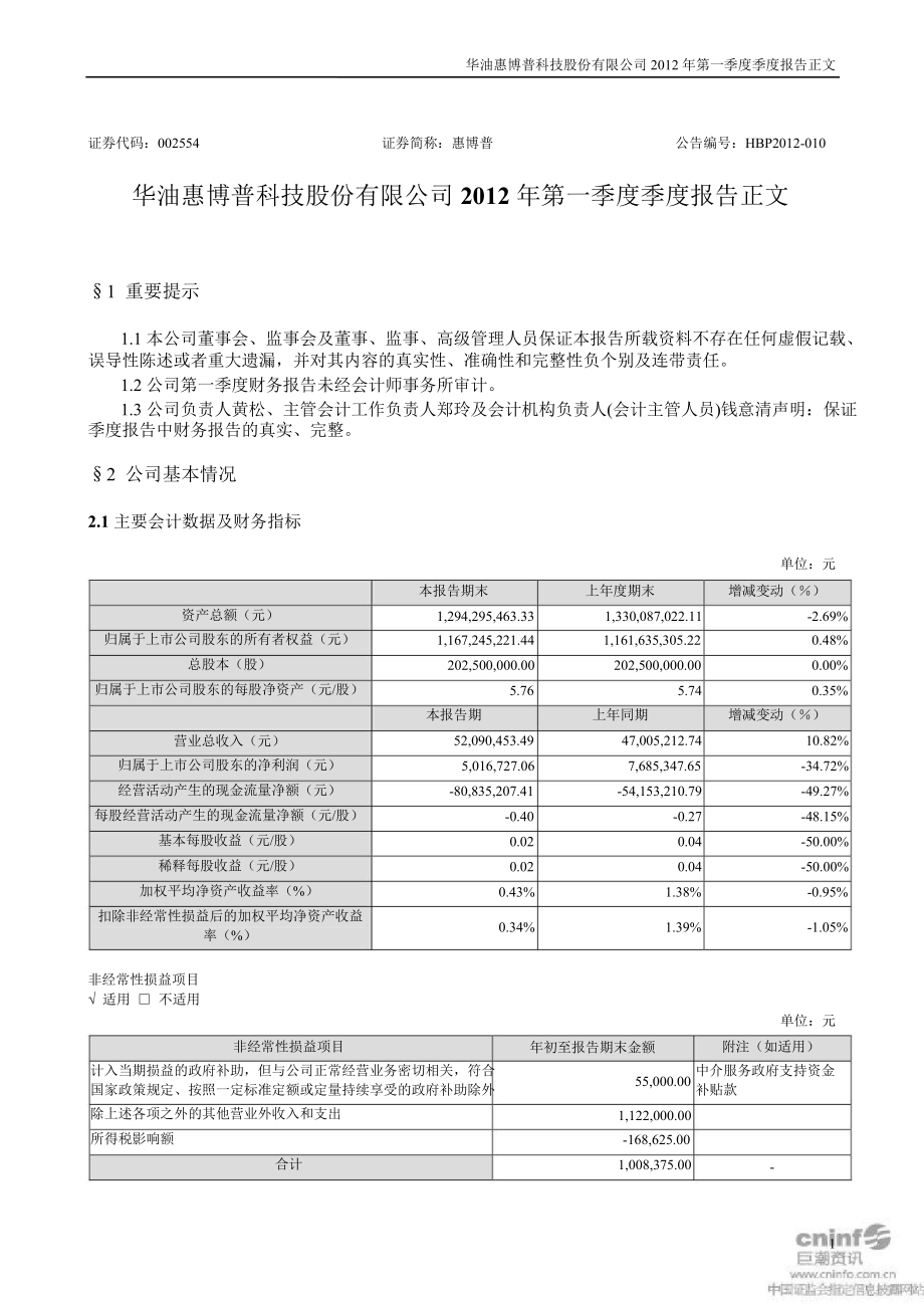 惠博普第一季度报告正文_第1页
