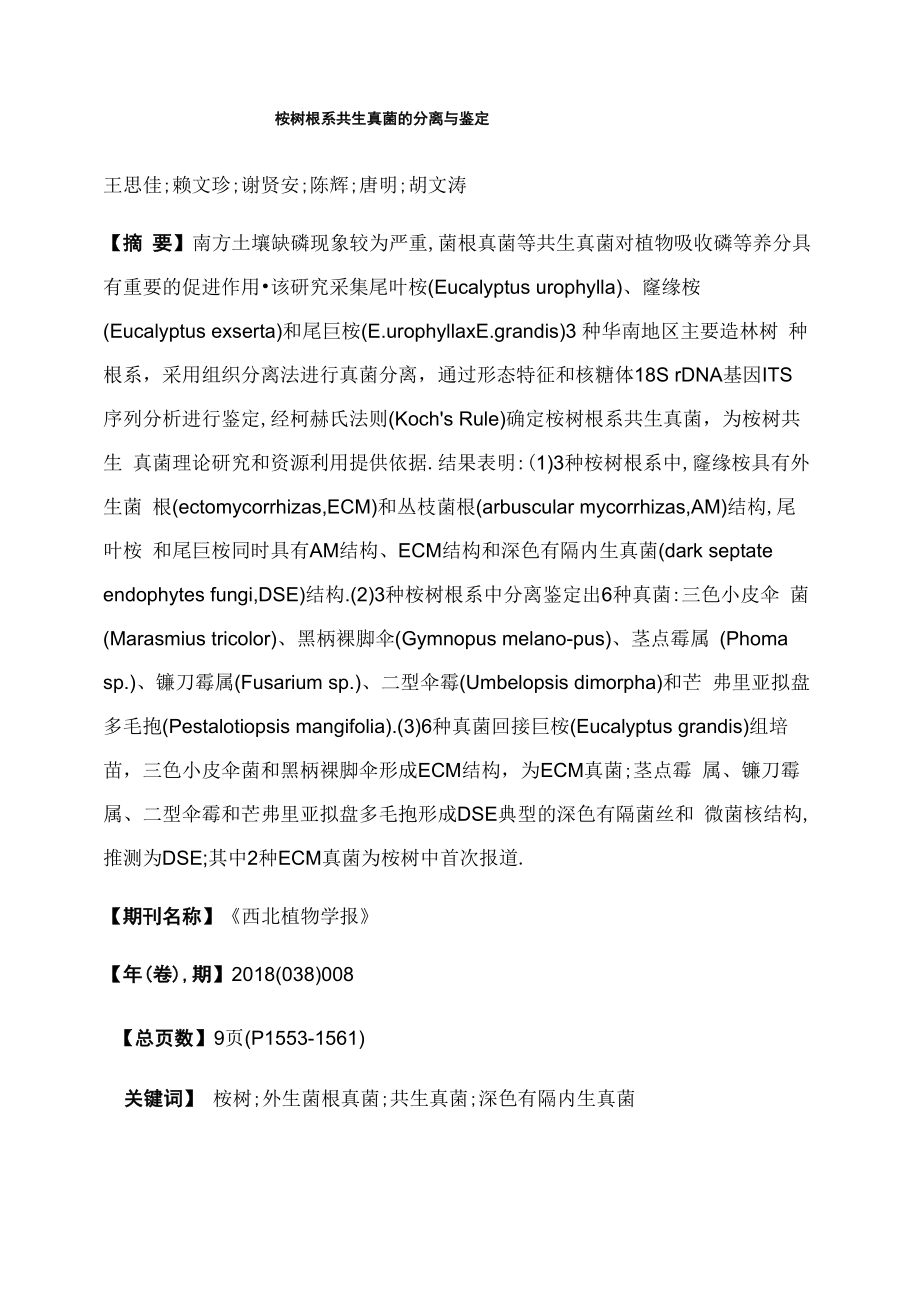 桉树根系共生真菌的分离与鉴定_第1页