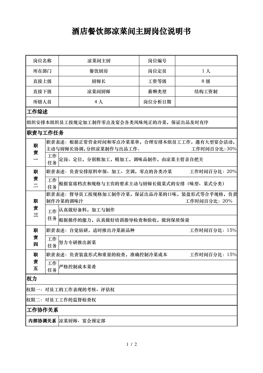 酒店餐饮部凉菜间主厨岗位说明书_第1页