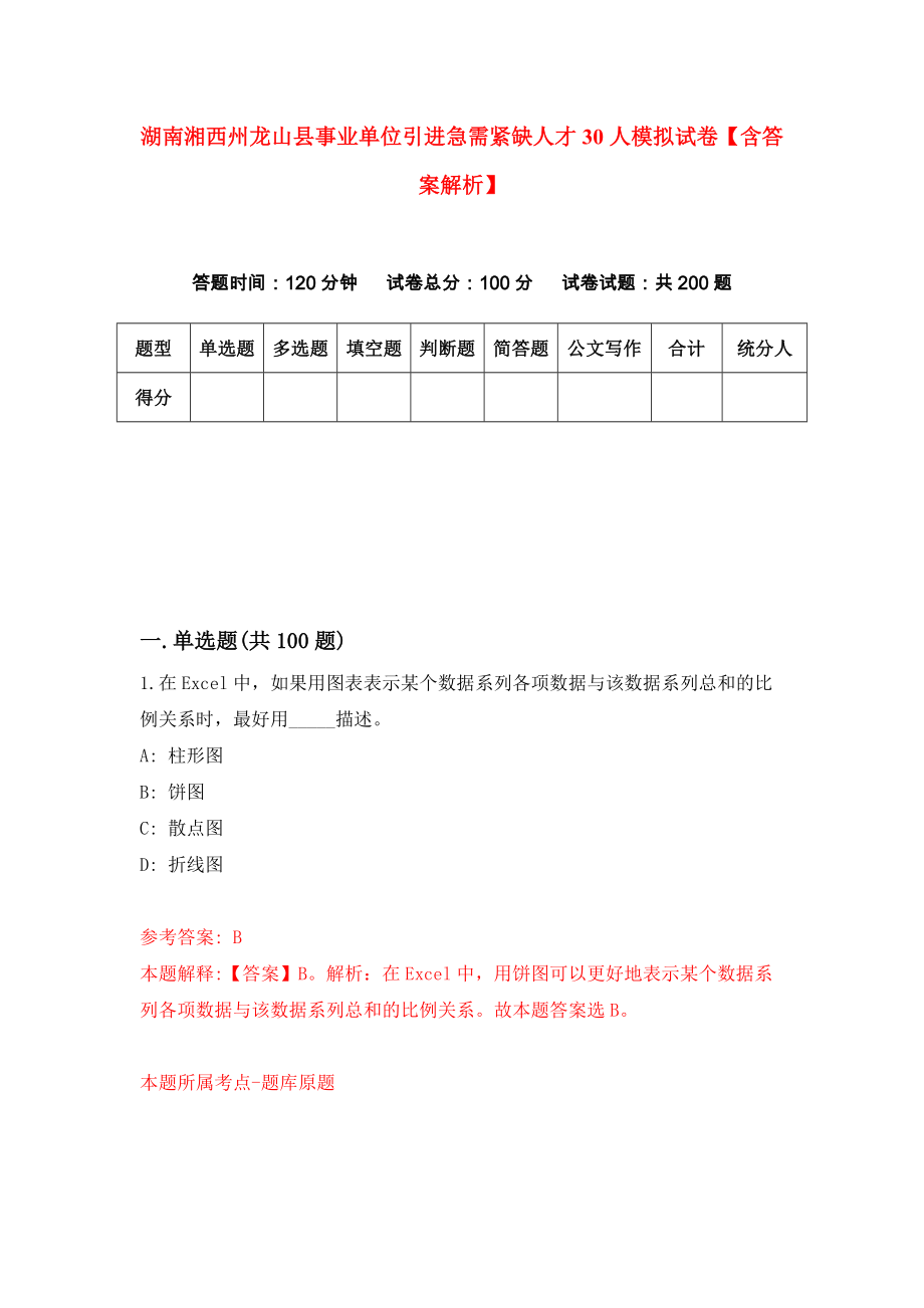 湖南湘西州龙山县事业单位引进急需紧缺人才30人模拟试卷【含答案解析】【4】_第1页