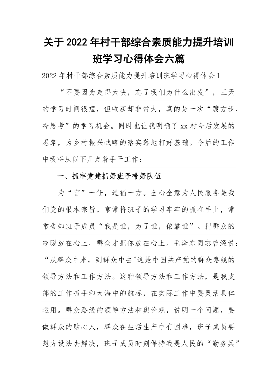 关于2022年村干部综合素质能力提升培训班学习心得体会六篇_第1页