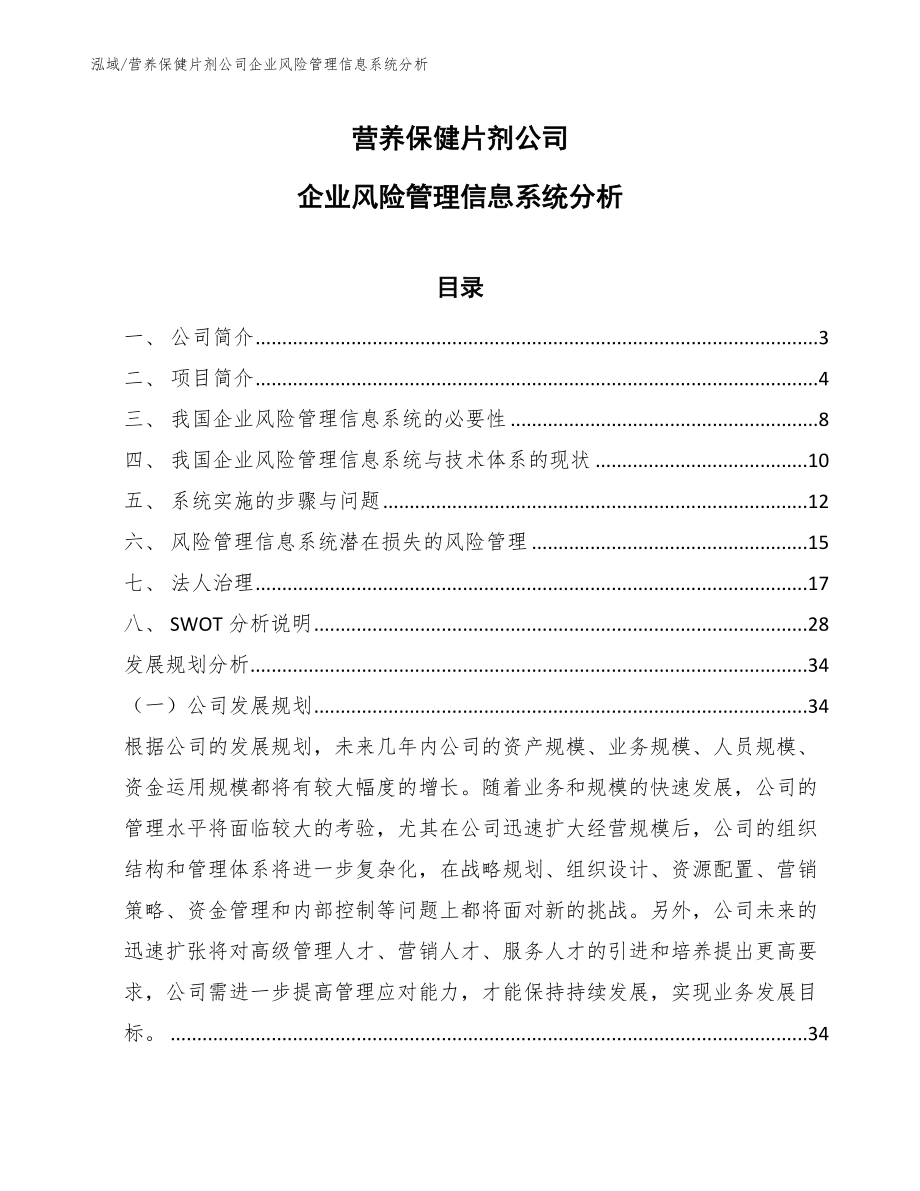 营养保健片剂公司企业风险管理信息系统分析【参考】_第1页
