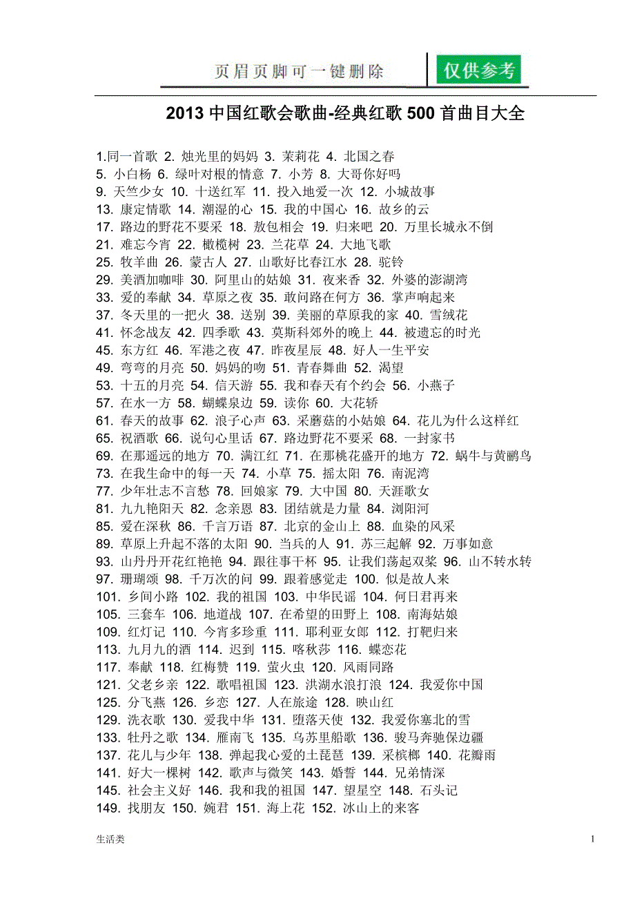 中国红歌会歌曲-经典红歌500首歌曲曲目[生活经验]_第1页