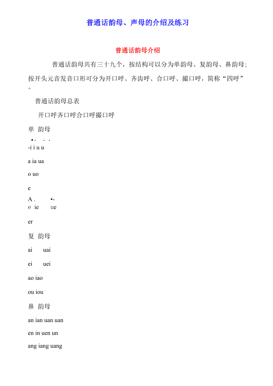 普通话韵母声母的介绍及练习_第1页