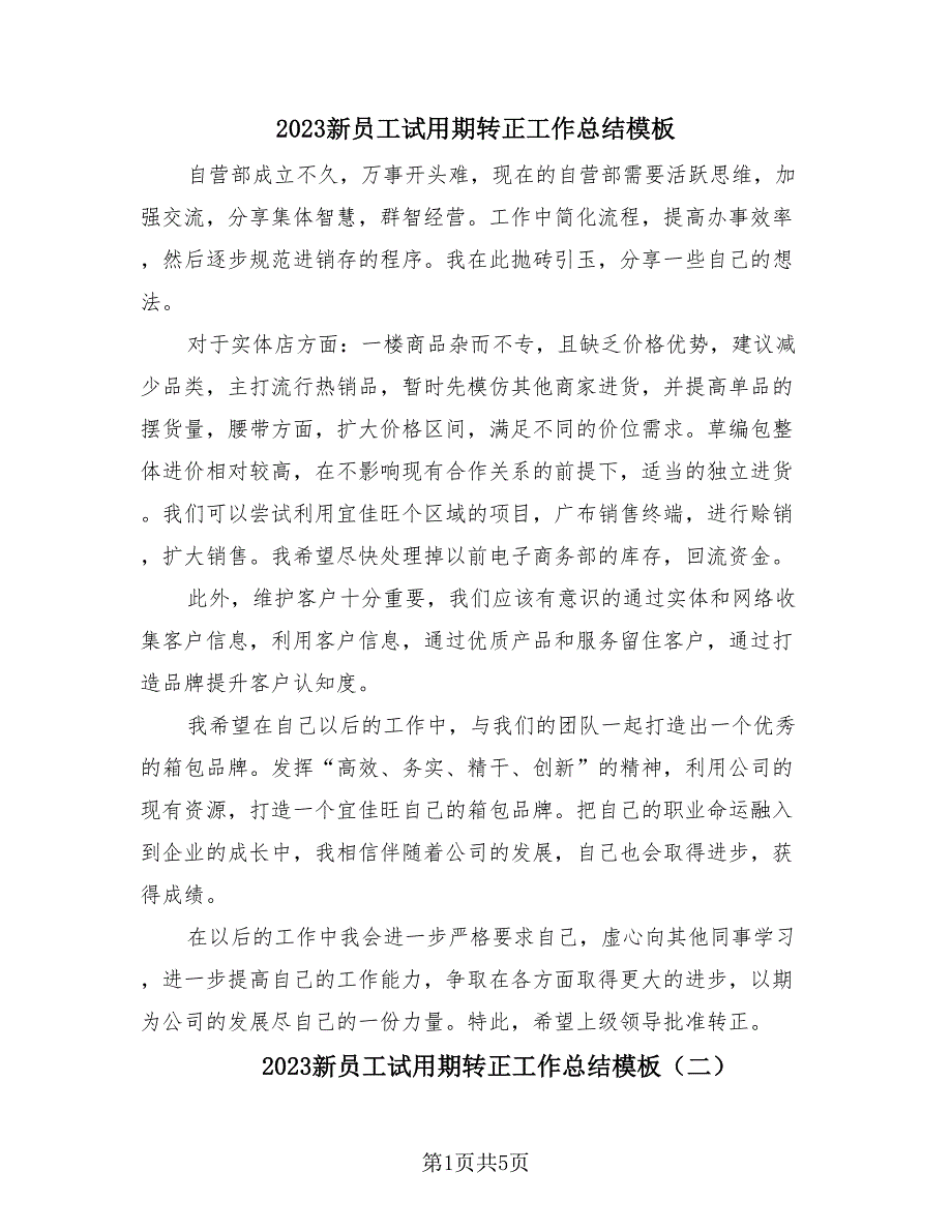 2023新员工试用期转正工作总结模板（3篇）.doc_第1页