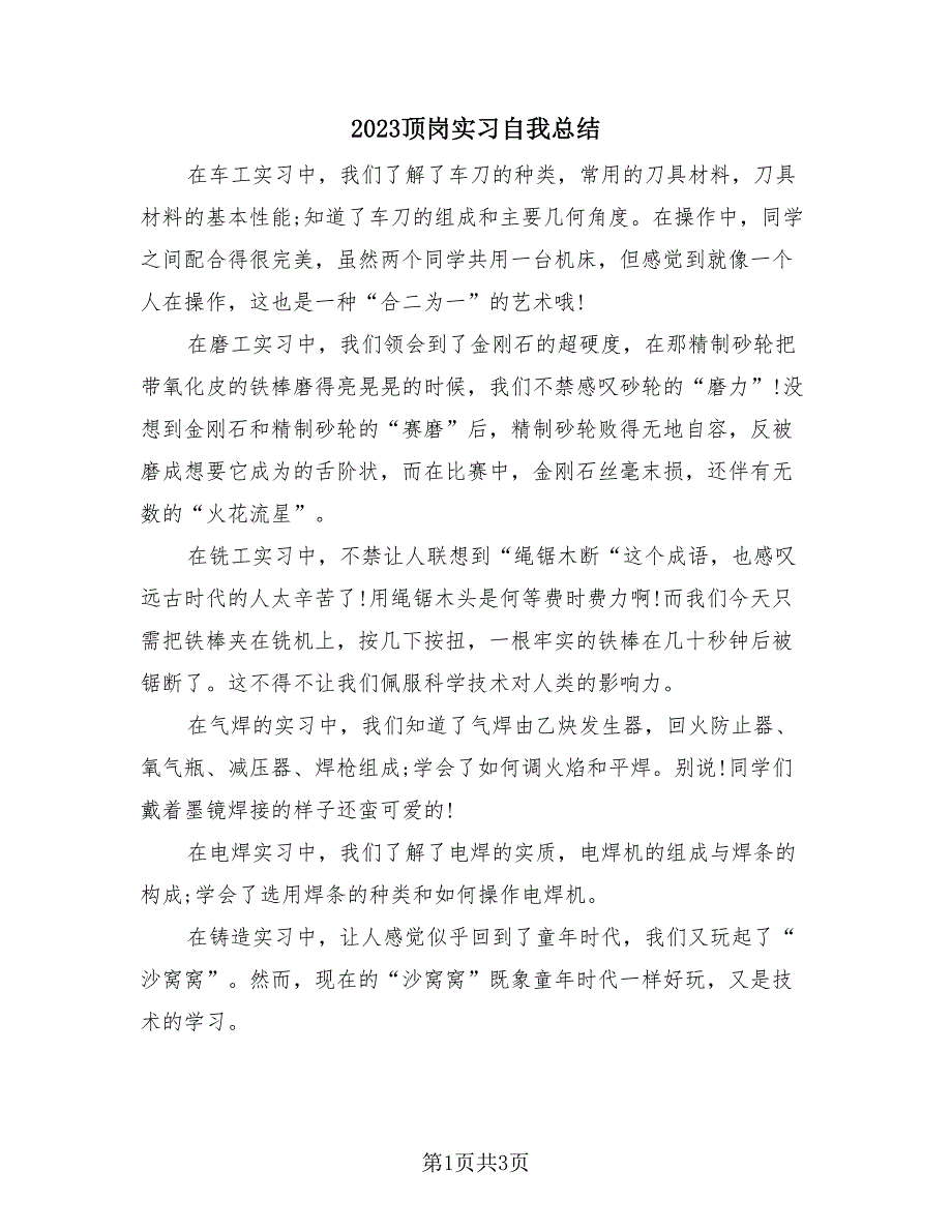 2023顶岗实习自我总结（2篇）.doc_第1页