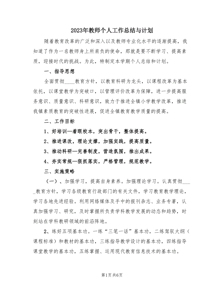 2023年教师个人工作总结与计划（2篇）.doc_第1页