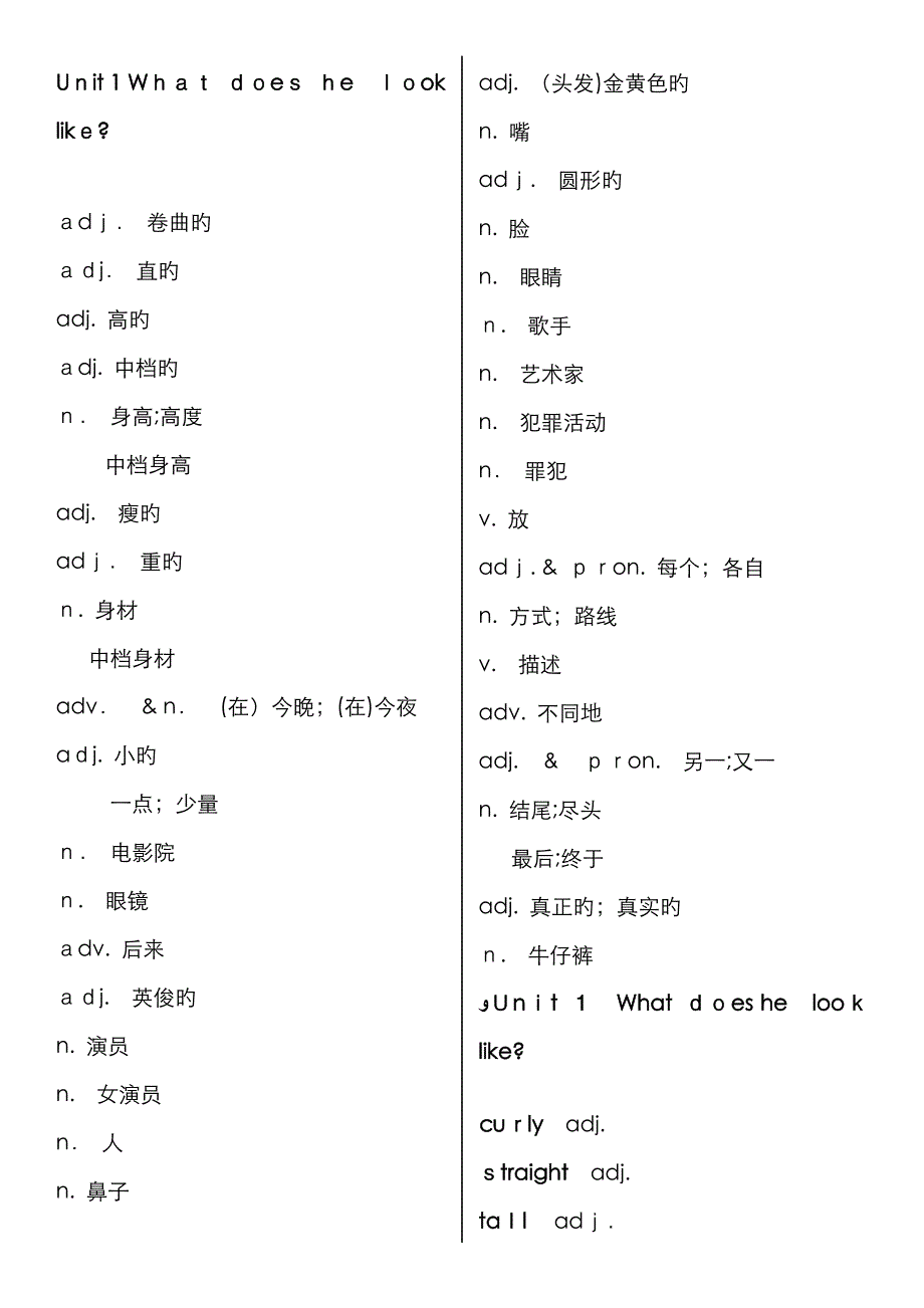 鲁教版七年级上册英语单词表,中英分开_第1页