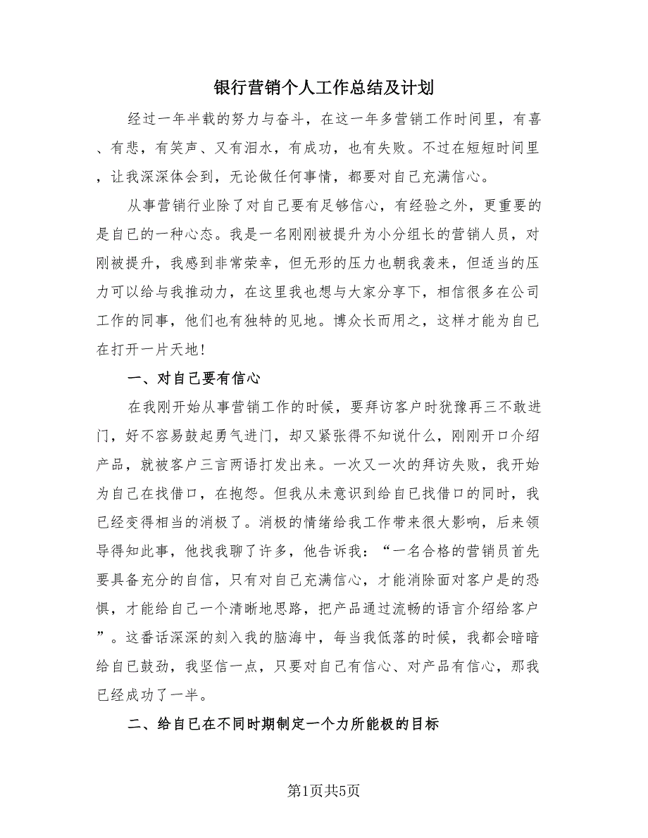 银行营销个人工作总结及计划（2篇）.doc_第1页